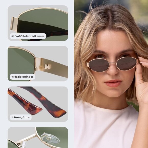 Retro Polarized Green Gold Sunglasses UV400 Protection Oval Metal Soft Frame main image 9
